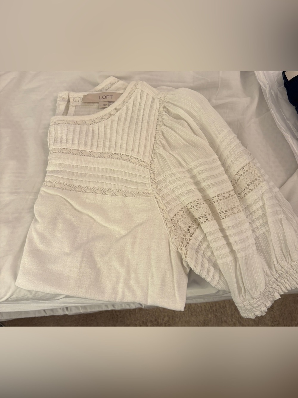 LOFT Cream Lace Pintuck Cotton Top